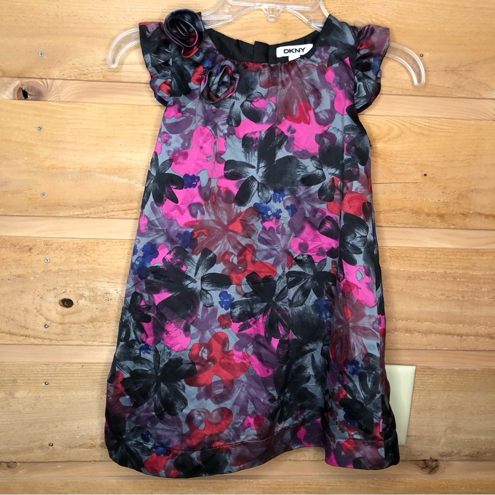 DKNY dark floral dress w/ rosettes black purple pink gray ruffled cap sleeve